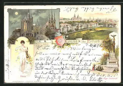 Lithographie Erfurt, Panorama, Dom bei Nacht und Flora