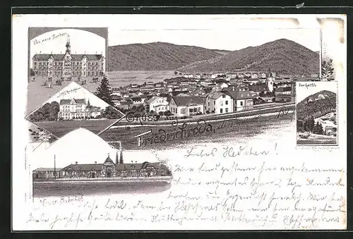 Lithographie Friedrichroda, Panorama, Kurhaus, Bahnhof & Schloss Reinhardsbrunn