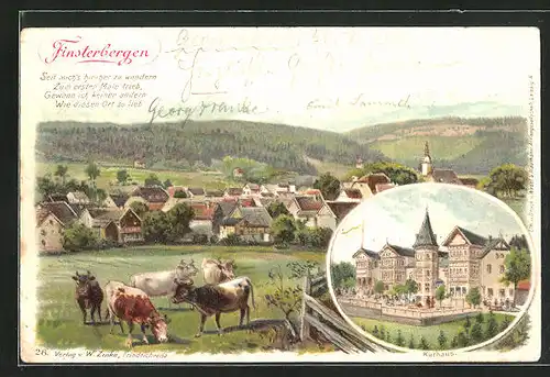 Lithographie Finsterbergen, Panorama mit Kühen und Kurhaus