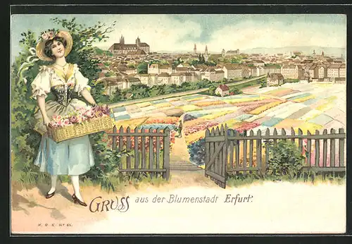 Lithographie Erfurt, Panorama mit Blumenfeldern und Gärtnerin