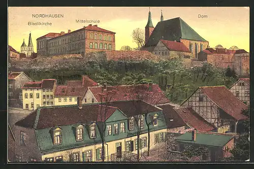 AK Nordhausen, Panorama mit Mittelschule und Dom