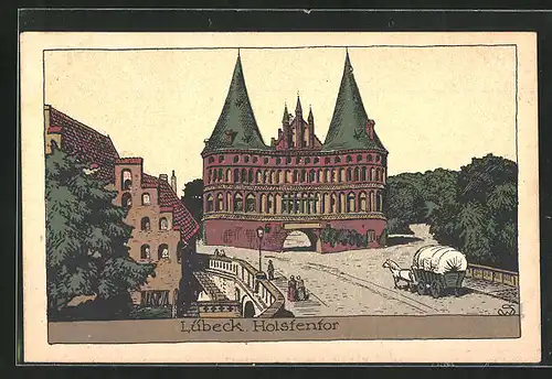 Steindruck-AK Lübeck, Blick zum Holstentor