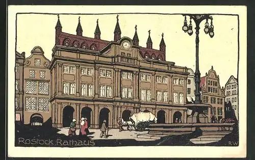 Steindruck-AK Rostock, Partie am Rathaus