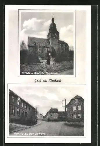AK Utenbach, Partie an der Schule, Kirche mit Kriegerdenkmal