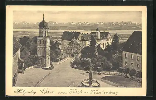 Künstler-AK Heiligenberg, Teilansicht mit Brunnen am Stadtplatz und Schloss