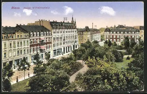 AK Riesa, Kaiser Wilhelmplatz aus der Vogelschau