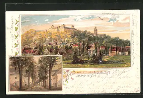 Lithographie Schellenberg i. S., Panorama und Schlosshof