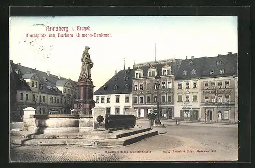 AK Annaberg i. Erzgeb., Marktplatz mit Barbara Uttmann-Denkmal