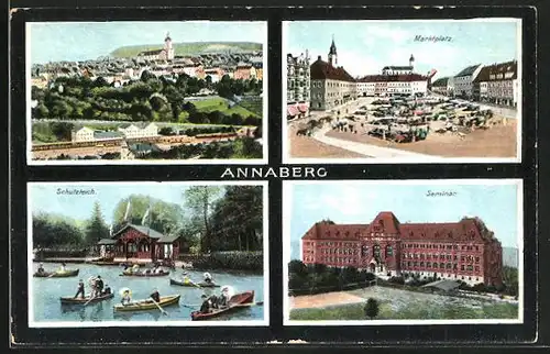 AK Annaberg, Panorama, Marktplatz, Schutzteich und Seminar