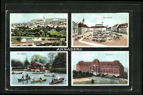 AK Annaberg, Panorama, Marktplatz, Schutzteich und Seminar