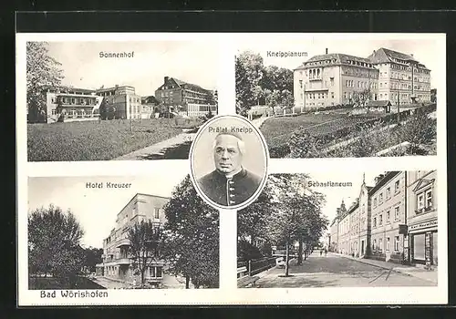 AK Bad Wörishofen, Sonnenhof, Hotel Kreuzer, Sebastianeum & Prälat Kneipp