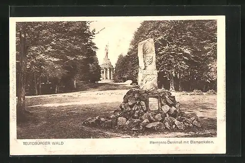 AK Hermanns-Denkmal mit Bismarckstein im Teutoburger Wald