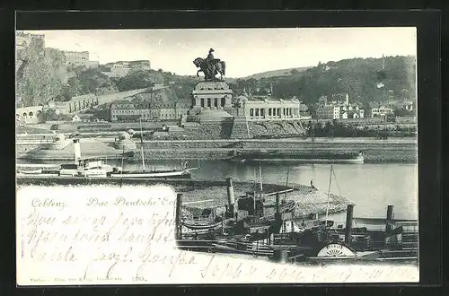 AK Koblenz, Deutsches Eck, Schiffsverkehr am Kaiser Wilhelm-Denkmal