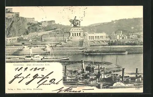 AK Koblenz, Deutsches Eck, Schiffsverkehr am Kaiser Wilhelm-Denkmal