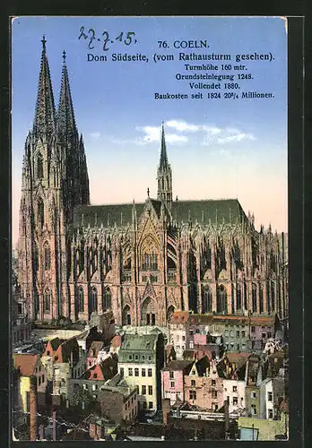 AK Der Dom zu Köln, Blick vom Rathausturm auf die Südseite