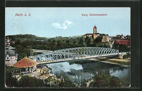 AK Halle a/S., Partie an der Brücke mit Blick auf Burg Giebichenstein