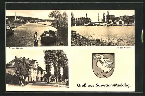 AK Schwaan / Mecklenburg, Bahnhof, Warnow-Partie, Teilansicht und Wappen