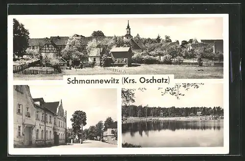 AK Schmannewitz, Seeidylle, Panorama mit Kirchturm, Siedlung