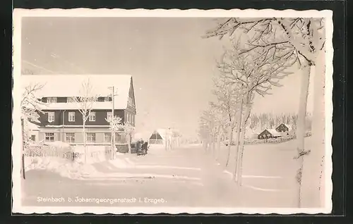 AK Steinbach /Erzgeb., Strassenpartie mit Fremdenheim Waldesruhe im Winter