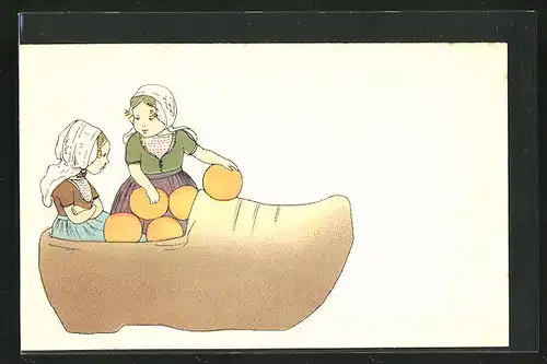 AK zwei Mädchen in niederländischen Trachtkleidern sitzen in einem grossen Holzschuh