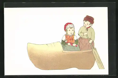 AK Kinderpaar in niederländischer Tracht rudert in einem grossen Holzschuh