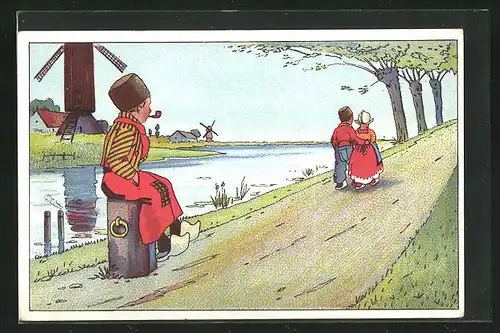 AK schüchterner Bube blickt auf ein Liebespaar beim Spaziergang am Flussufer