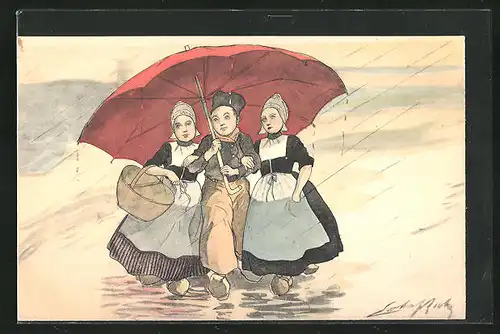 Künstler-AK zwei Mädchen begleiten einen Buben bei Regen unter dem Schirm, niederländische Trachten