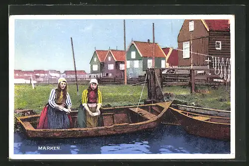 AK Marken, zwei niederländische Mädchen in einem Ruderboot