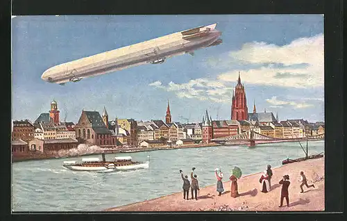 Künstler-AK Frankfurt /Main, Internationale Luftschifffahrt-Ausstellung, Zeppelin über der Stadt