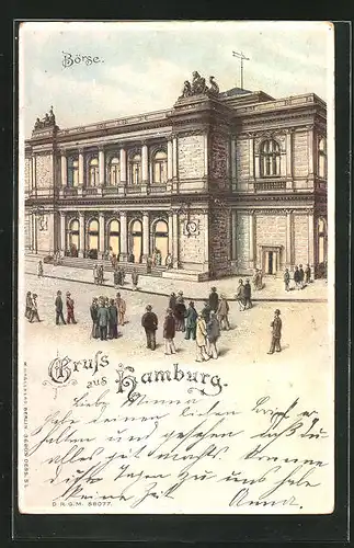 Lithographie Hamburg, Passanten vor der Börse, Halt gegen das Licht