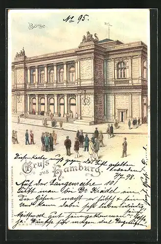 Lithographie Hamburg, Passanten vor der Börse, Halt gegen das Licht