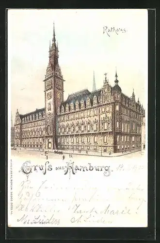 Lithographie Hamburg, Blick zum Rathaus, Halt gegen das Licht