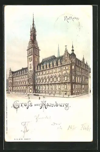 Lithographie Hamburg, Blick zum Rathaus, Halt gegen das Licht