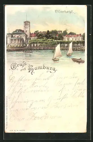 Lithographie Hamburg, Segelboote vor Uhlenhorst, Halt gegen das Licht