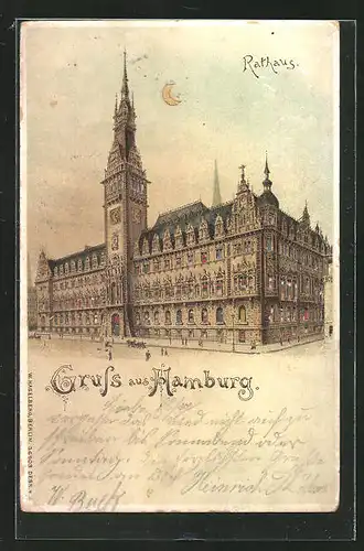 Lithographie Hamburg, Blick zum Rathaus, Halt gegen das Licht