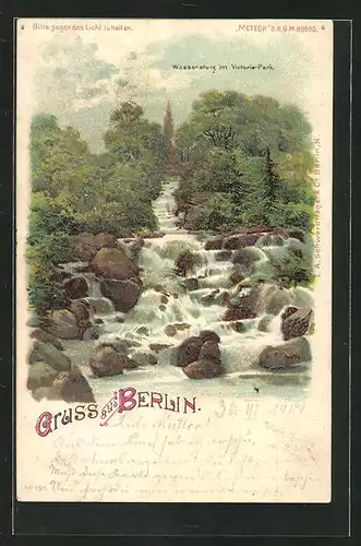 Lithographie Berlin, Wasserfall im Victoria-Park, Halt gegen das Licht
