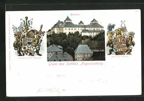 AK Augustusburg, Schloss, Kursächsisches und Dänisches Wappen