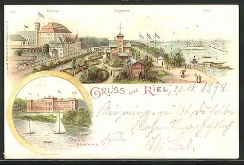 Lithographie Kiel, Marien-Akademie, Schloss, Seegarten und Hafen