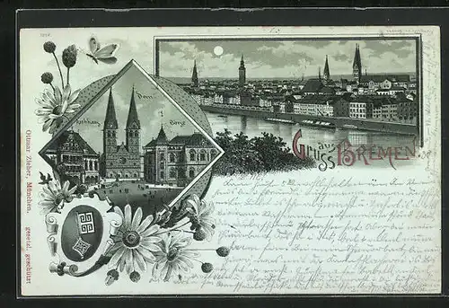 Mondschein-Lithographie Bremen, Dom, Rathaus & Börse, Stadtwappen, Gesamtansicht