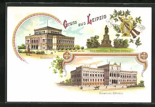 Lithographie Leipzig, Concerthaus, Universitäts-Bibliothek, Felix Mendesohn-Bartholdi-Denkmal