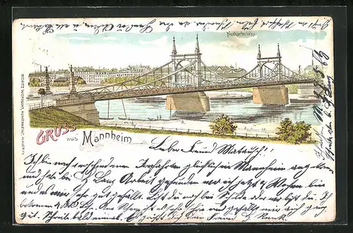 Lithographie Mannheim, Teilansicht mit Neckarbrücke