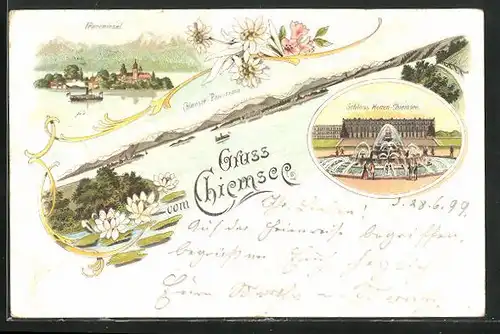 Lithographie Herrenchiemsee, Schloss, Fraueninsel, Chiemsee-Panorama