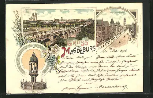 Lithographie Magdeburg, Kaiser Otto Denkmal, Augusta-Strasse, Gesamtansicht