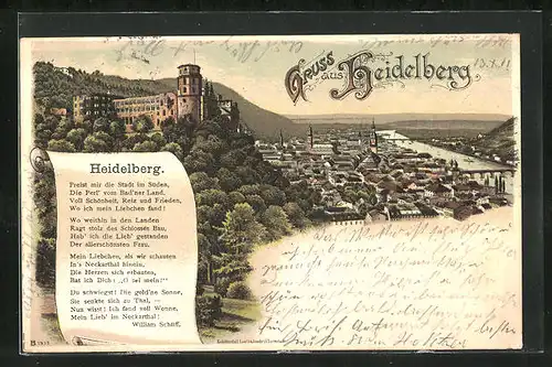 Lithographie Heidelberg, Totalansicht mit Schloss, Gedicht von William Schüff