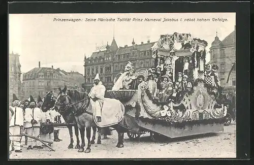 AK Mannheim, Jubilääums-Karnevalzug 1907, Prinzenwagen: Seine Närrische Tollität Prinz Karneval Jakobus I.