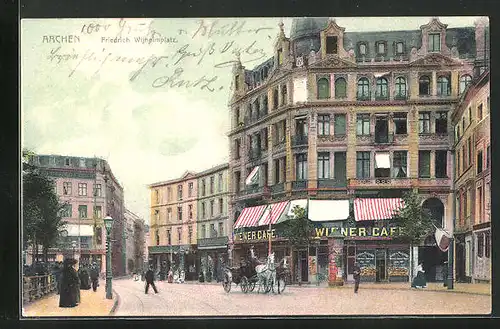 AK Aachen, Wiener Cafe, Strassenpartie des Friedrich Wilhelmplatzes mit Pferdekutsche