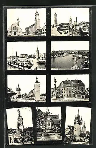 AK Lindau i. B., Hafen, Markt mit Kawazzenhaus und Neptunbrunnen, Diebesturm und Peterskirche