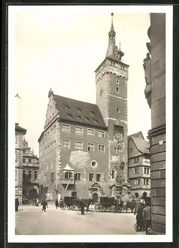 AK Würzburg, Grafeneckartturm und Ratskeller mit Pferdekutschen