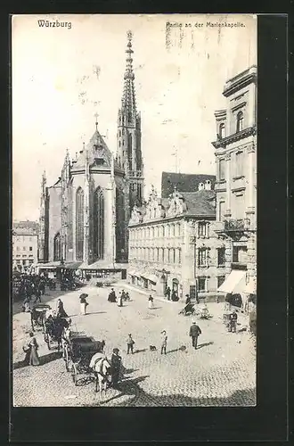 AK Würzburg, Partie an der Marienkapelle mit Pferdekutschen