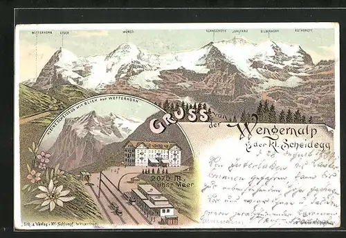 Lithographie Wengernalp, Kleine Scheidegg m. Blick auf Wetterhorn, Alpenpanorama